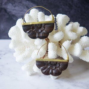 Large Carved Wood and Brass Hoop Earrings